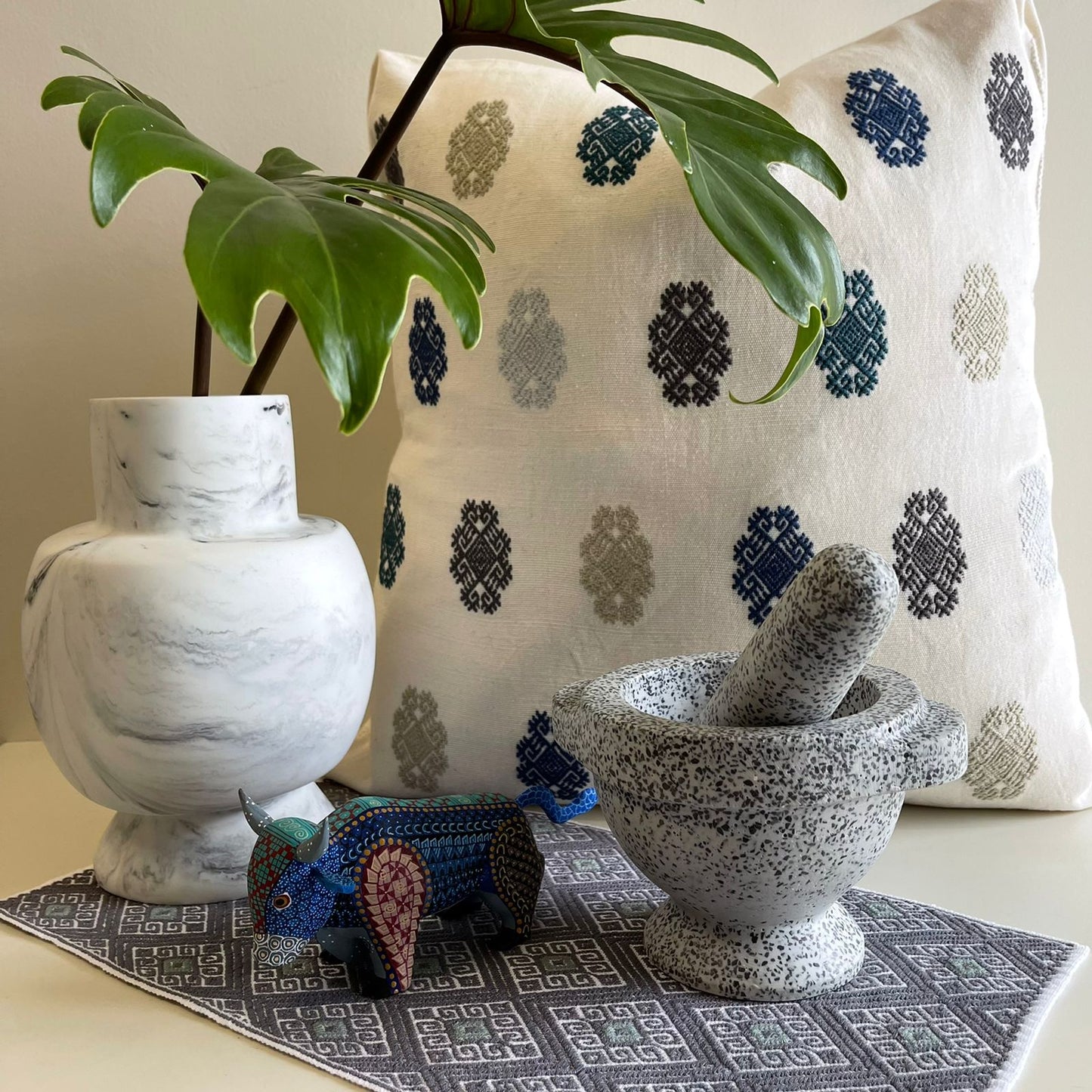 Funda de Cojín Decorativo crudo con azules
