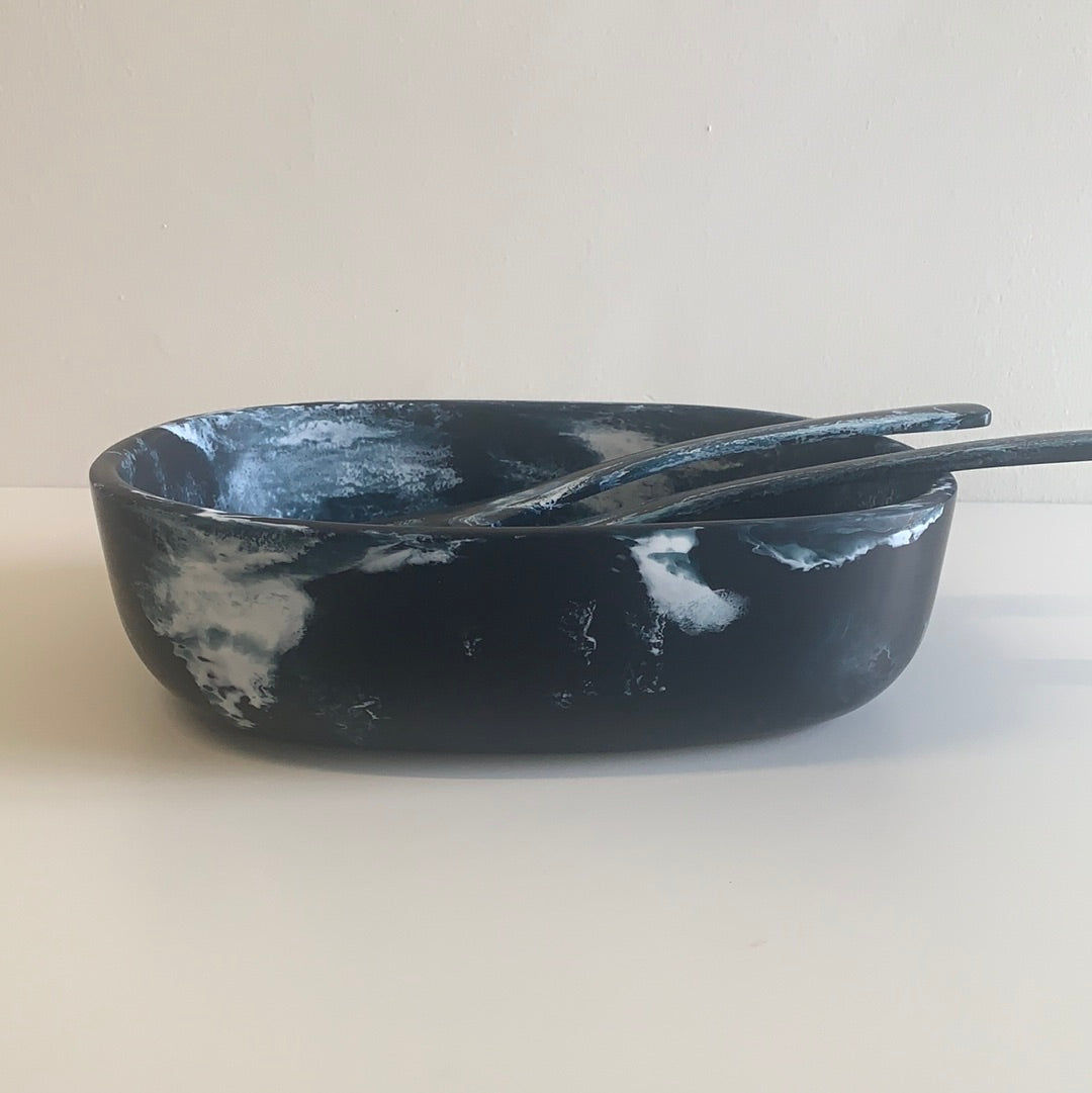 Ensaladera Rectangular de Resina Con Cucharas Modelo Océano